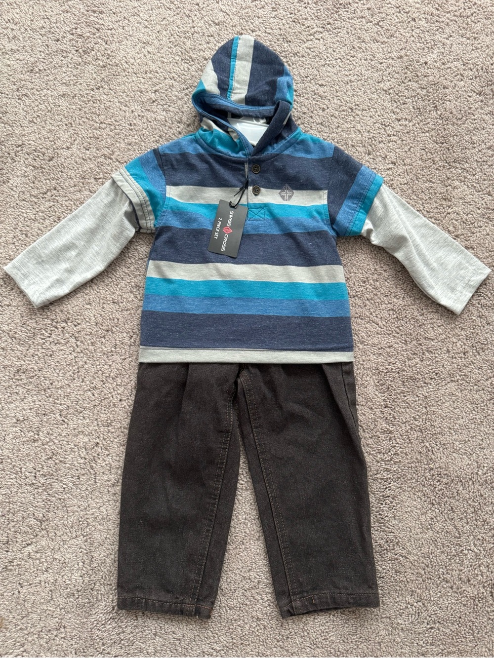 2-Piece Swiss Cross Pullover Stripe Hoodie Top & Dark Gray Jeans Boys Size 12M